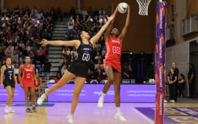 Silver Ferns Parris Mason  with England Liv Tchine during game 2 of the Taini Jamison Trophy