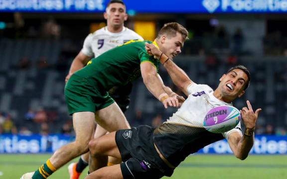 Jeremy Marshall-king loses the ball from a kick. Australia v New Zealand. Final. Day 2 of the Rugby League World Cup 9s, Bankwest Stadium, Sydney, Australia, 19th October 2019. Copyright Photo: David Neilson / www.photosport.nz