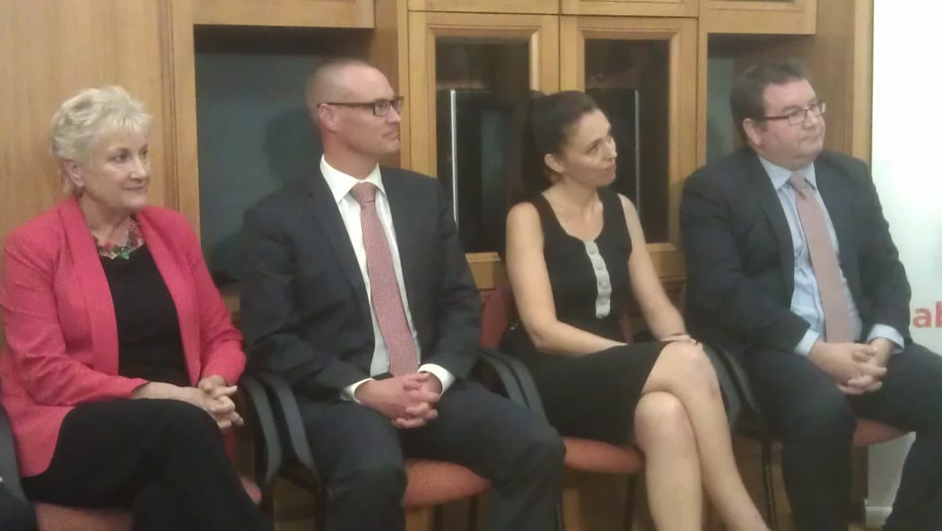 Annette King, David Clark, Jacinda Ardern and Grant Robertson at the reshuffle announcement.