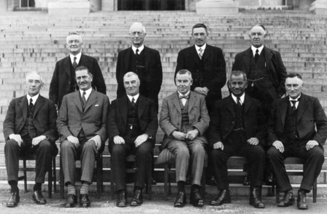 Members of the Coalition Cabinet of 1931. In the front row are (L-R): E A Ransom, J G Coates, G W Forbes, W D Stewart, A T Ngata and J A Young. In the back row are (L-R): D Jones, J G Cobbe, A Hamilton and R Masters.