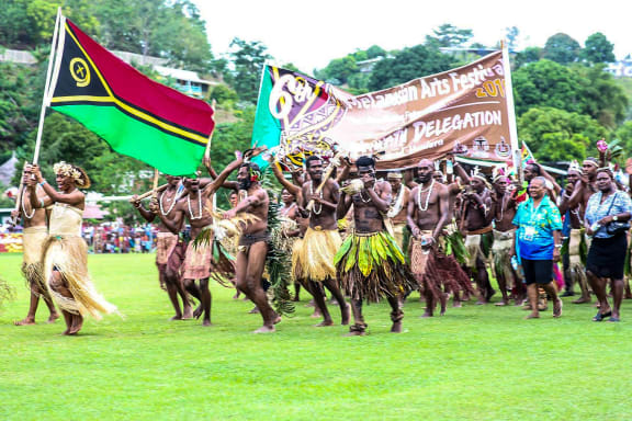 The Vanuatu delegation at the opening ceremony of the 6th Melanesian Arts Festival in Honiara Solomon Islands. June 2018
