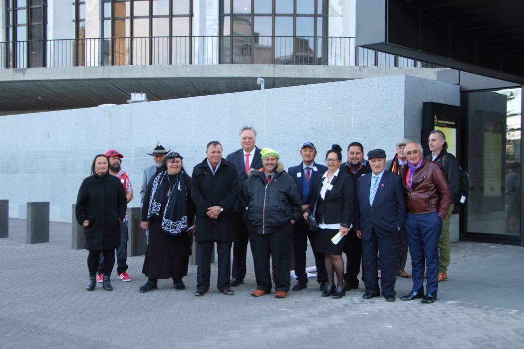 Some of the uri o Rua Kēnana me Hāhi Iharaira outside Parliament following the first reading of the Rua Kēnana Pardon Bill passing.