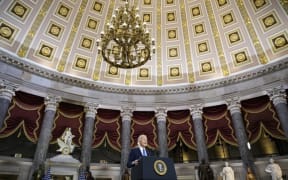 US President Joe Biden speaks at the US Capitol on January 6, 2022, to mark the anniversary of the attack on the Capitol in Washington, DC.