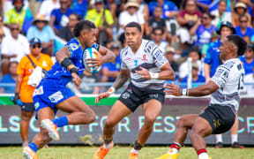 Ponipate Loganimasi of Fijian Drua runs with the ball during the round eight Super Rugby Pacific match between Fijian Drua and Crusaders at HFC Stadium, on April 05, 2025, in Suva, Fiji.