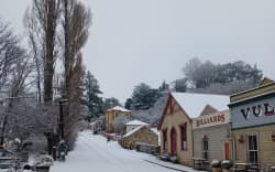 Snow by the Vulcan Hotel in St Bathans on Thursday.