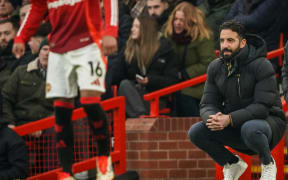 Manchester United's head coach Ruben Amorim reacts during the English Premier League football match between Manchester United and Brighton and Hove Albion at Old Trafford in Manchester, Jan 20, 2025.