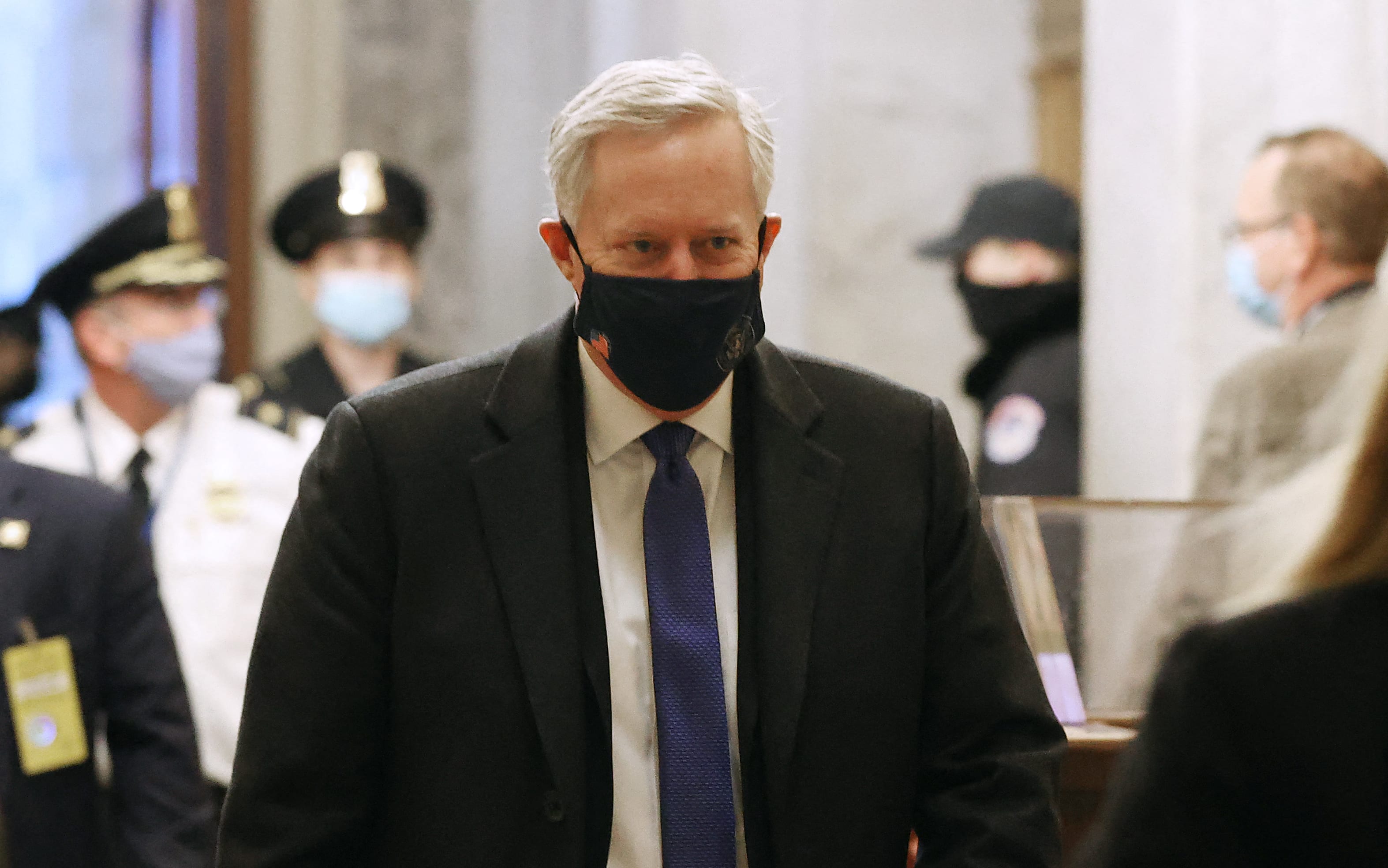 Former White House Chief of Staff Mark Meadows (centre) arrives at  former President Donald Trump's second impeachment trial in the Senate on 9 February, 2021 in Washington, DC.