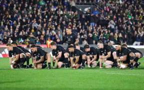 The haka during the 2023 Rugby Championship match between the New Zealand All Blacks and South Africa at Go Media Mount Smart Stadium in Auckland.