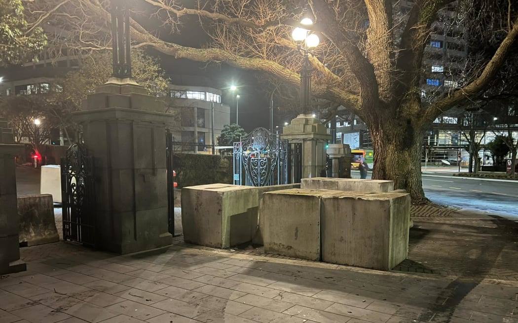 Barricades set up outside Parliament in Wellington on 21 August 2022.