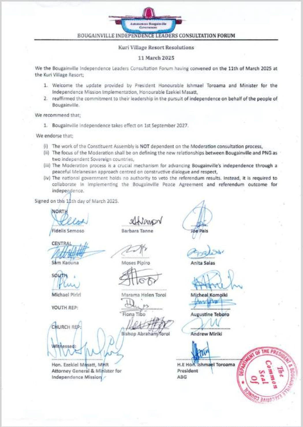 Statement - dated 11 March 2025 - from the Bougainville Independence Leaders Consultation Forum recommending 1 September 2027 as the date Bougainville should become independent from Papua New Guinea. 12 March 2025