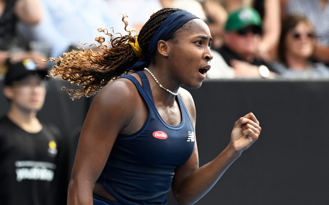 Coco Gauff of the USA reacts during her singles finals match against Elina Svitolina of Ukraine at the ASB Classic tennis tournament in Auckland.