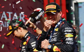 Red Bull team-mates Sergio Perez and Max Verstappen celebrate at the Hungarian Grand Prix.