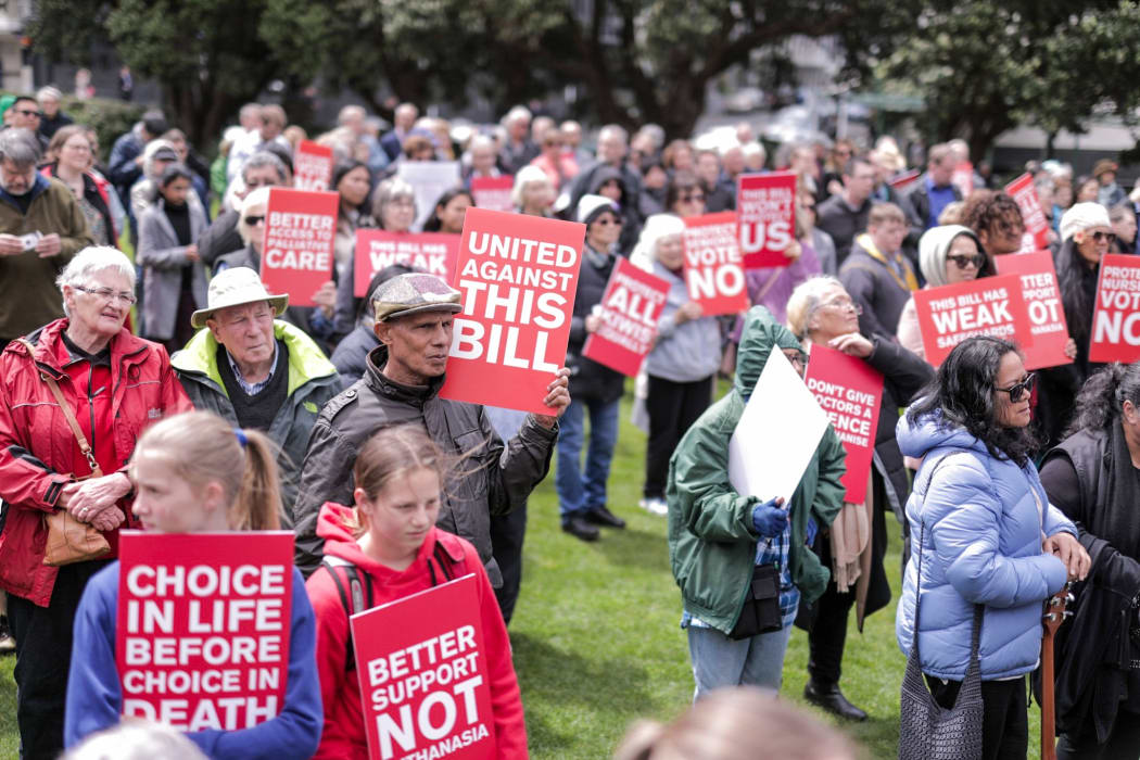 Protesters against the Euthanasia Bill gather outside Parliament.