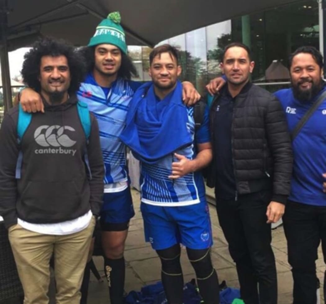 Pacific Rugby Players Chair Hale T Pole (L), former CEO Aayden Clarke (2R) and board member Seilala Mapusua (R) with Manu Samoa internationals Chris Vui and Jack Lam.