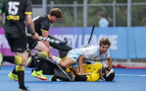 Falcons Dominic Dixon gets battered Premier Hockey League- Men’s Final Falcons v Alpiners, 2024.