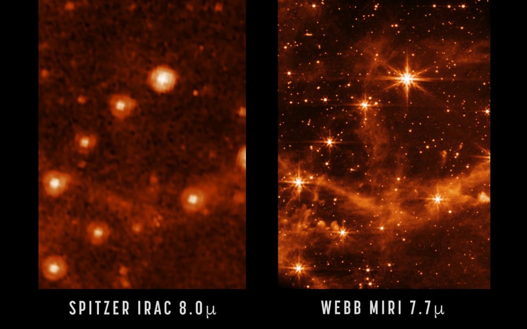 This image shows a portion of the ‘Pillars of Creation’ in the infrared (see below); on the left taken with the Spitzer Space Telescope, and JWST on the right. The contrast in depth and resolution is dramatic.