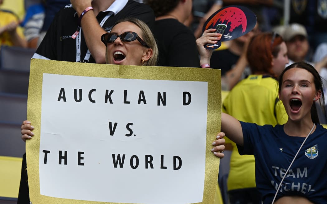 Fans of Auckland City cheer for their team during the FIFA Club World Cup 2025 Group C football match between Auckland City and Argentina's Boca Juniors at the Geodis Park stadium in Nashville.