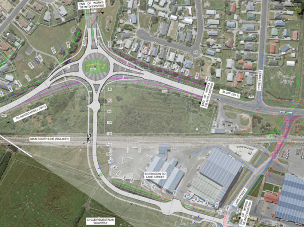 The concept design of the Elles Road/SH1 roundabout for Invercargill.