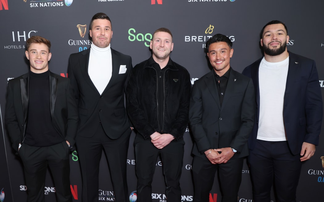 (L-R) Stephen Varney, Sebastian Negri, Finn Russell, Marcus Smith and Ellis Genge attend the world premiere of the Netflix documentary "Six Nations: Full Contact".