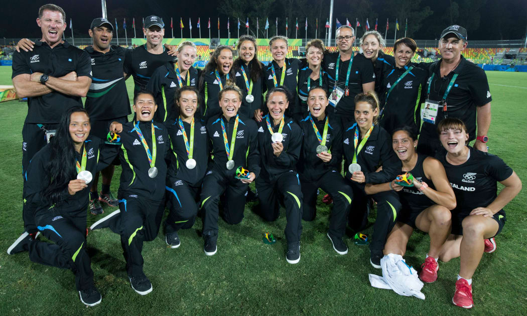 The New Zealand women's sevens team celebrate their Olympic silver medal.