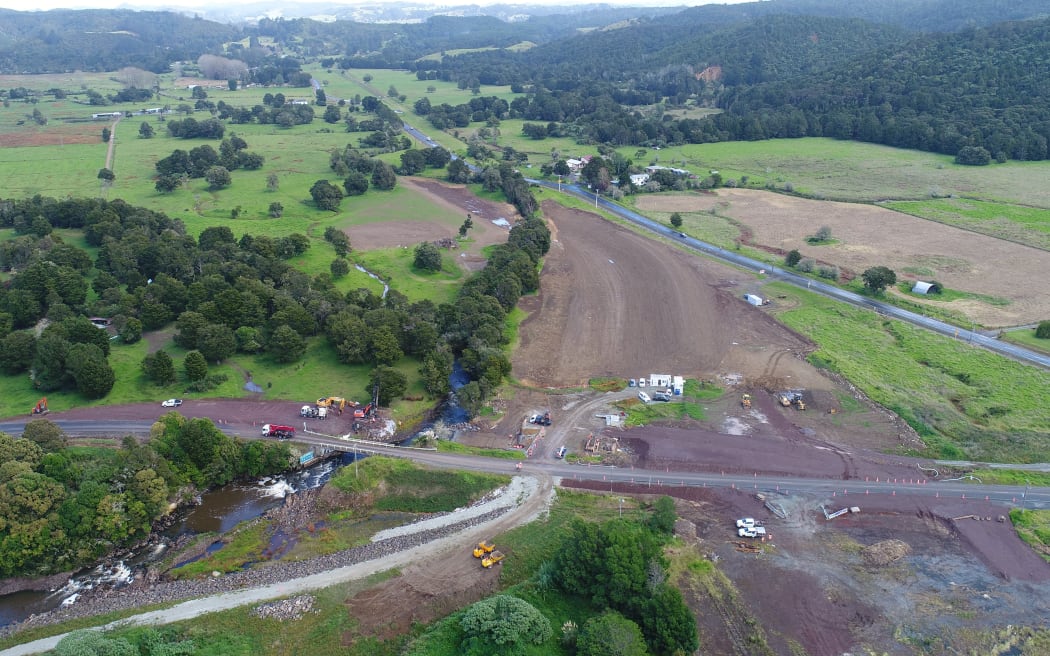 Aerial photo showing the spillway under construction in May 2023.