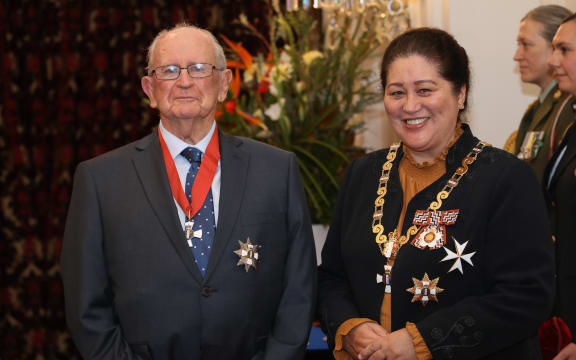 Sir Vincent O'Sullivan, after his investiture as KNZM, for services to literature, by the governor-general, Dame Cindy Kiro, at Government House, Wellington, on 2 May 2022.