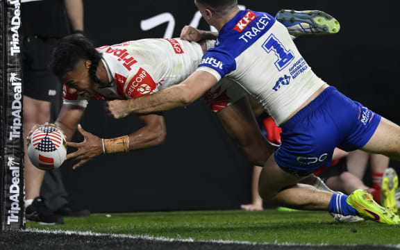 Setu Tu of the Dragons scores a try during the round one NRL match between Canterbury Bulldogs and St George Illawarra Dragons at Allegiant Stadium on February 28, 2026 in Las Vegas.