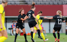 Gabi Rennie scores for Football Ferns against Australia at Tokyo Olympics.