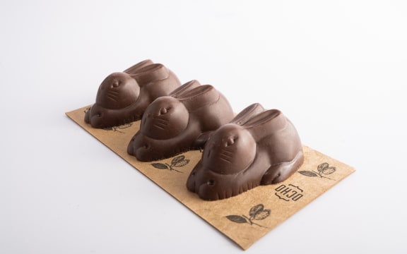A line-up of three delectably cute Ocho chocolate bunnies