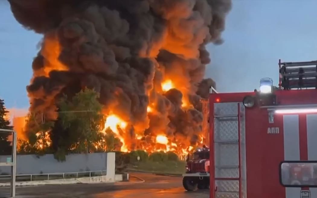 This video grab taken from a footage released on 29 April, 2023, on the Telegram channel of Mikhail Razvozhayev, the Moscow-installed governor of Sevastopol, shows a huge fire at a fuel depot in Sevastopol. A huge fire breaks out at a fuel depot in Sevastopol, the main port in Moscow-annexed Crimea, with authorities saying it was the result of a drone attack. "A fuel reserve is on fire in the Kazachya Bay district" of Crimea's port city Sevastopol, the Russian-installed governor of the city, Mikhail Razvozhayev, says on Telegram. "According to preliminary information, it was caused by a drone strike." Sevastopol is home to Russia's Black Sea Fleet and has been hit by a series of drone attacks since the Kremlin's Ukraine offensive launched last year.