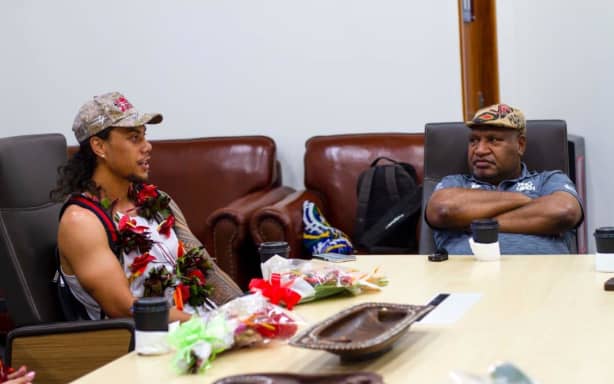 Rugby league star Jerome Luai (left) was the first major recruit for the PNG Chiefs franchise which will join the NRL in 2028. Here he meets with PNG Prime Minister James Marape.