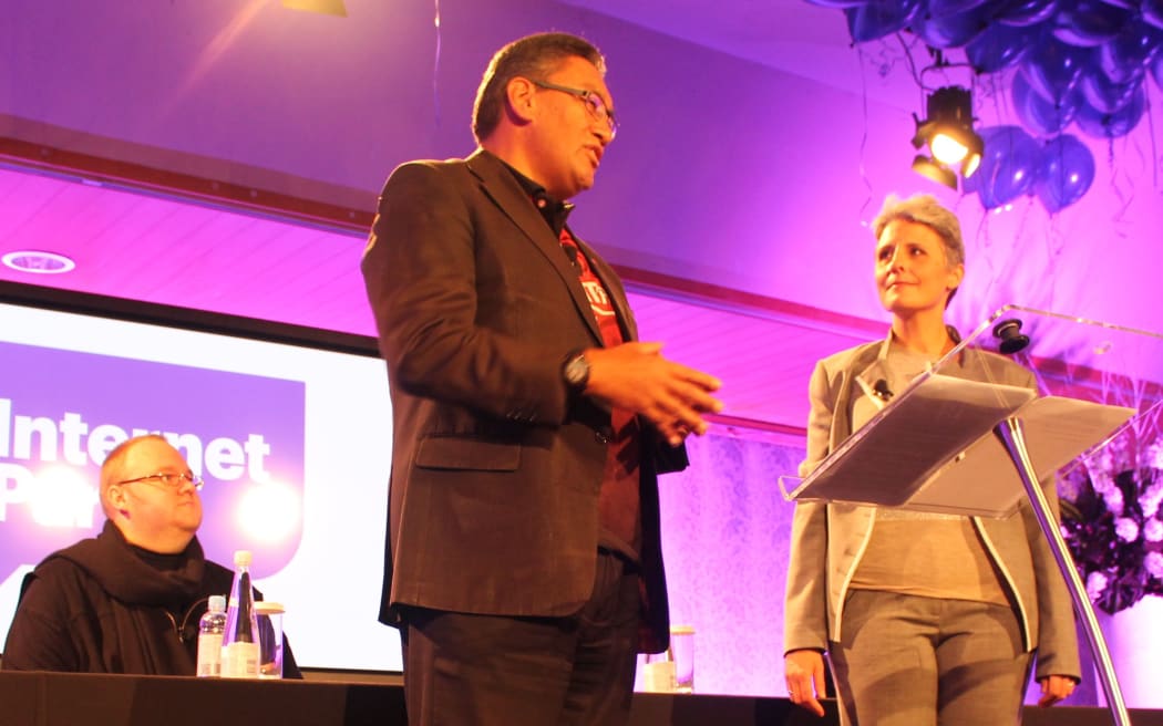 The Internet Party's Kim Dotcom, left, with Hone Harawira and Laila Harre.
