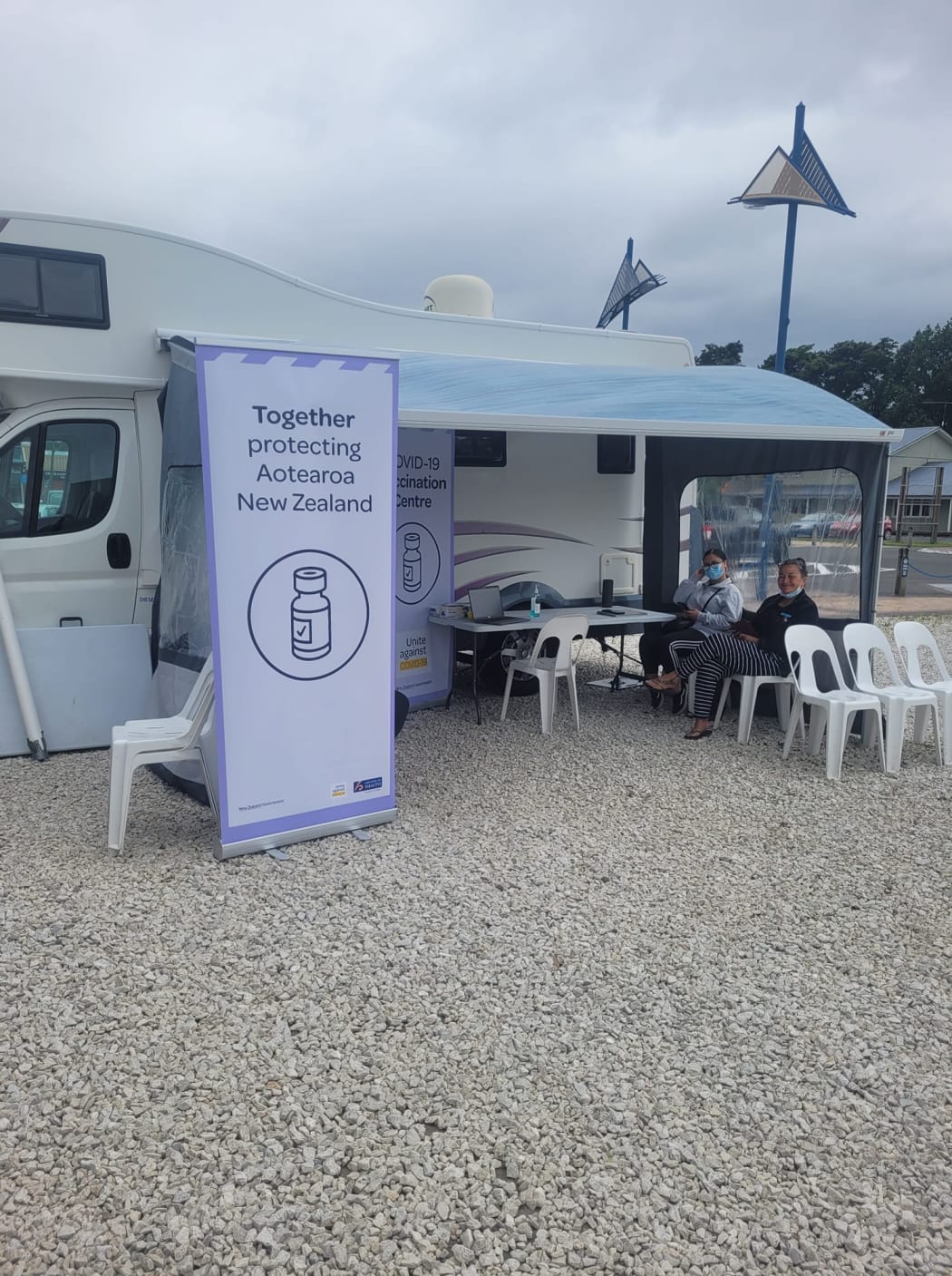 Ngāti Rangi iwi entity Ngā Waihua o Paerangi Trust sets up its rapid response mobile clinic in Ohakune.