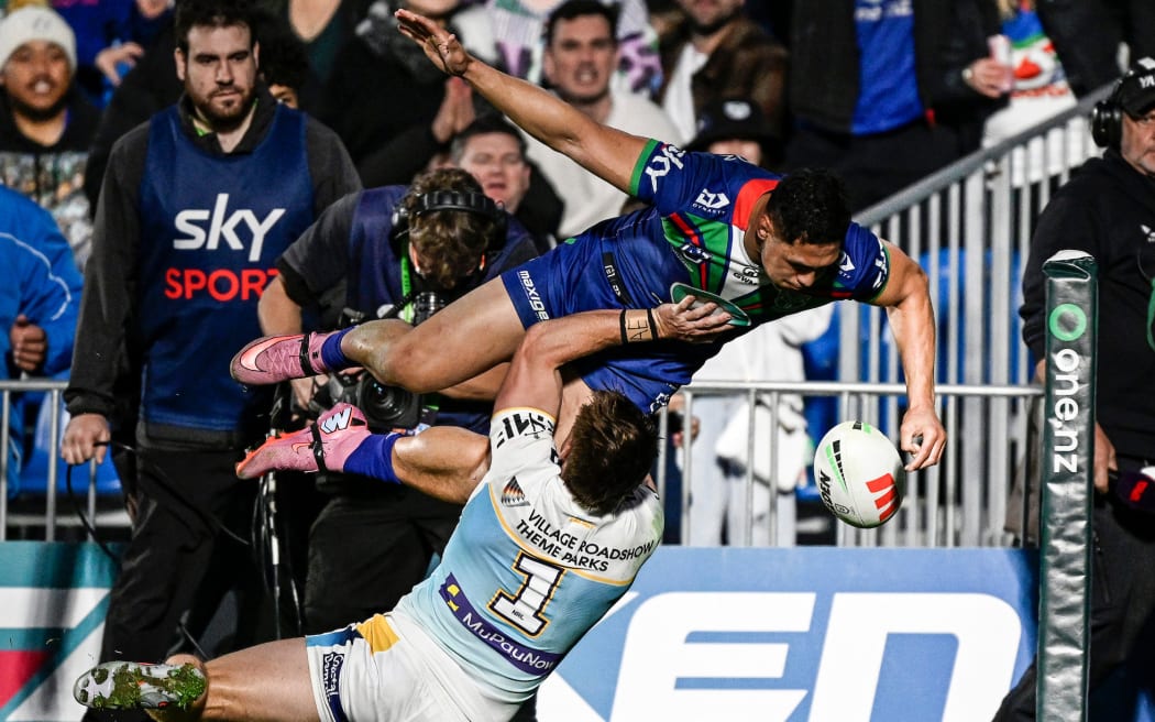 Roger Tuivasa-Sheck of the Warriors dives for the try line but loses the ball, NZ Warriors v Gold Coast Titans.