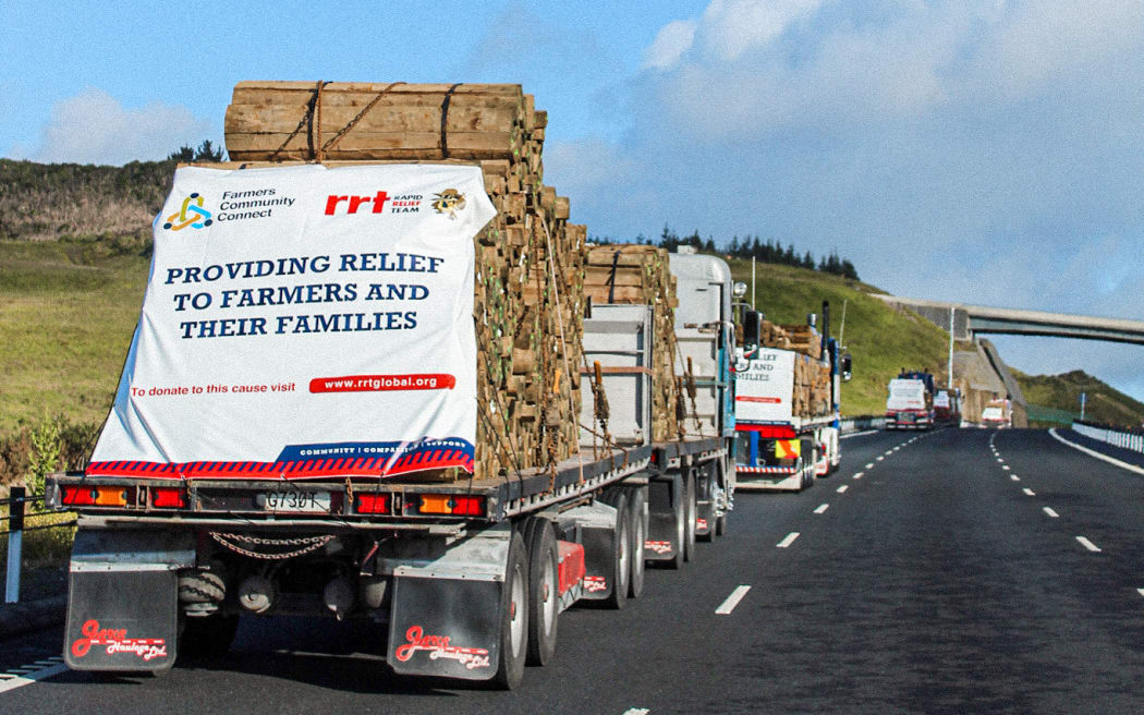 A Rapid Relief Team convoy heads towards Wellsford for a Farmers Community Connect event to help flood-affected farmers in November 2023.