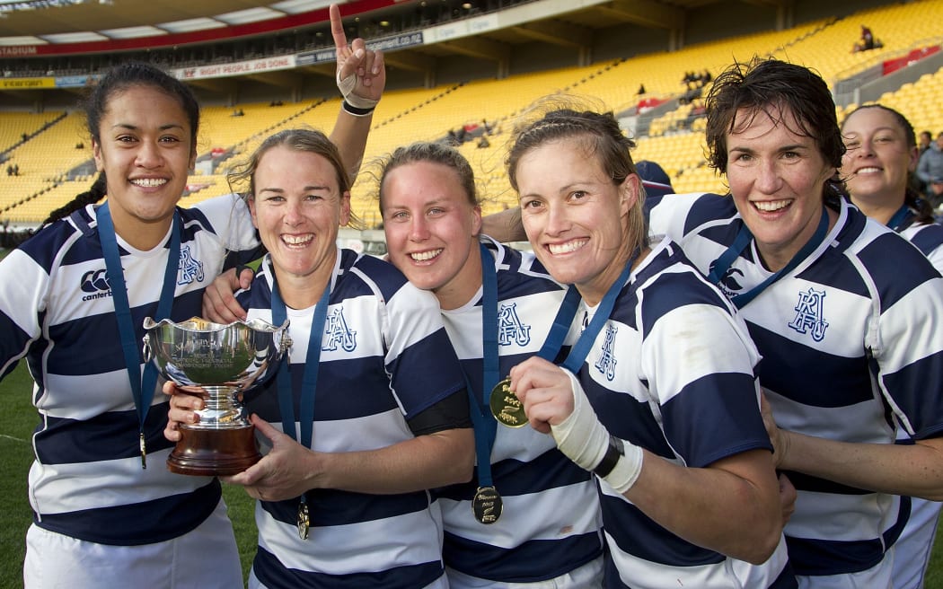 The Auckland women's rugby team after winning the provincial championship in 2013.