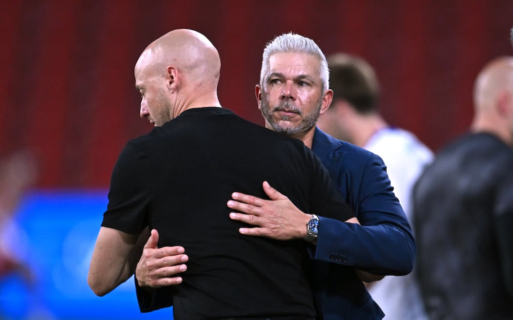 Steve Corica and Ruben Zadkovich following the A-League Men Round 24 match between Brisbane Roar and Auckland FC at Suncorp Stadium in Brisbane.