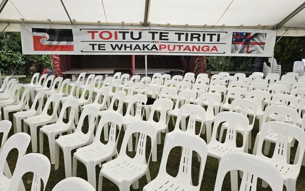 A banner that was gifted at the tangihanga of Dame Tariana Turia by the organisers of Hīkoi mō te Tiriti.