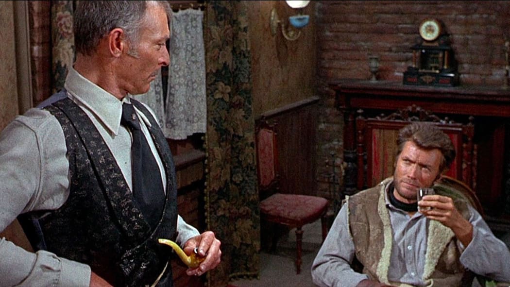 Still from the 1965 spaghetti western For a Few Dollars More featuring Lee Van Cleef and Clint Eastwood.