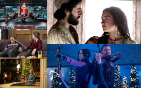 A collage of images from Xmas movies recommended by Dan Slevin December 2023; clockwise from top left: Arthur Christmas, The Nativity Story, Hawkeye, Carol, About A Boy.