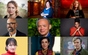 A composite image of nine authors, writers and storytellers fills the screen.