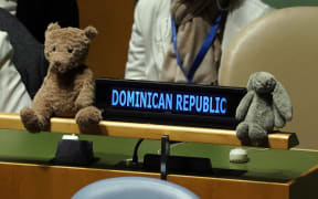 Delegates place stuffed animals on their desk during the UN General Assembly Emergency session as a symbol of the vote on the Russian resolution relating to the well-being of future generations.