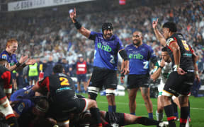 Blues captain Patrick Tuipulotu celebrates the first try during  the Super Rugby Paciﬁc Final at Eden Park.