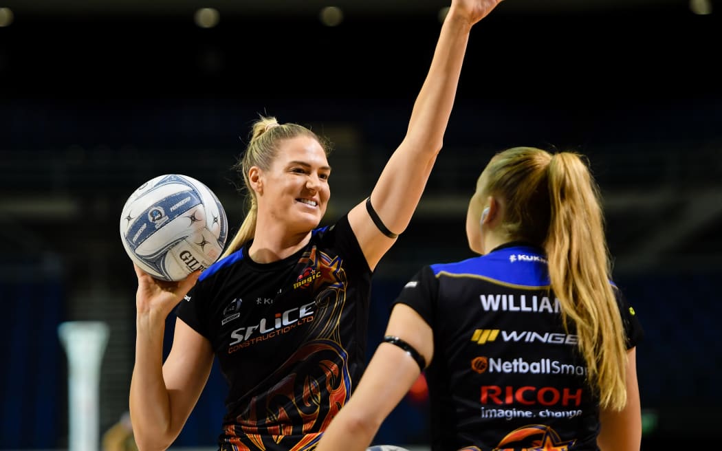 Caitlin Bassett of the Magic warms up with Khiarna Williams of the Magic during the ANZ Premiership netball match Tactix V Magic, Horncastle Arena, Christchurch, New Zealand, 9th May 2021. Copyright photo: John Davidson / www.photosport.nz