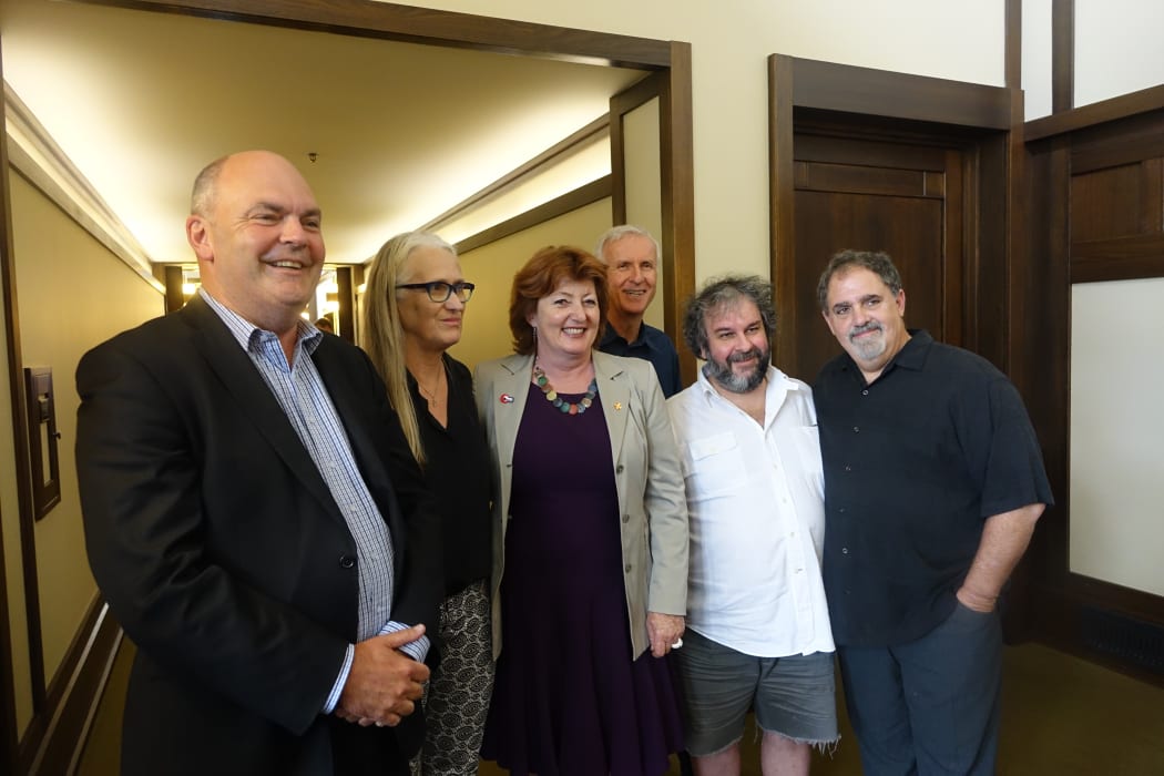 The meeting of the Screen Advisory Board. L-R is Steven Joyce, Jane Campion, Maggie Barry, James Cameron, Sir Peter Jackson and Jon Landau.