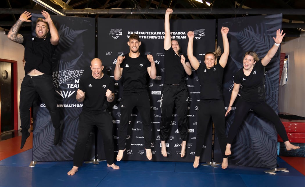 (L to R) Kody Andrews, Jason Koster, Elliott Connolly, Hayley Mackey, Moira de Villiers and Qona Christie. NZ Judo selection for Birmingham 2022 Commonwealth Games.