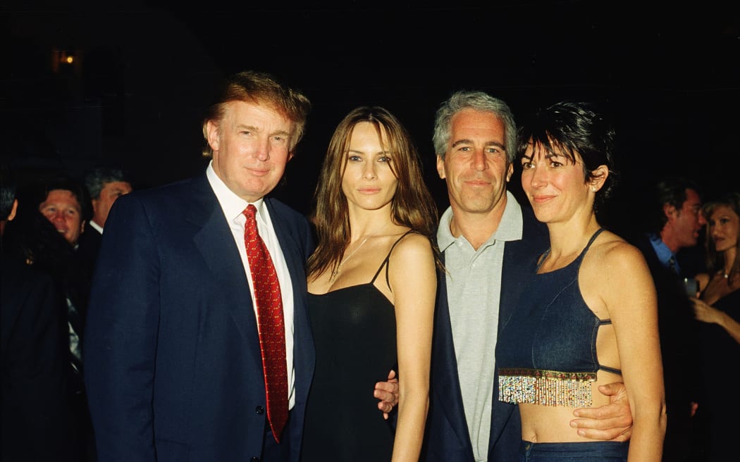 From left, American real estate developer Donald Trump and his girlfriend (and future wife), former model Melania Knauss, financier (and future convicted sex offender) Jeffrey Epstein, and British socialite Ghislaine Maxwell pose together at the Mar-a-Lago club, Palm Beach, Florida, February 12, 2000. (Photo by Davidoff Studios/Getty Images)