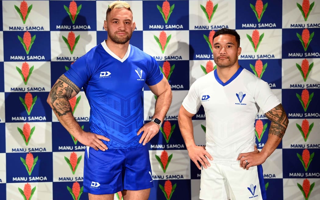 Jack Lam and Dwayne Polataivao model the new Manu Samoa playing kit.