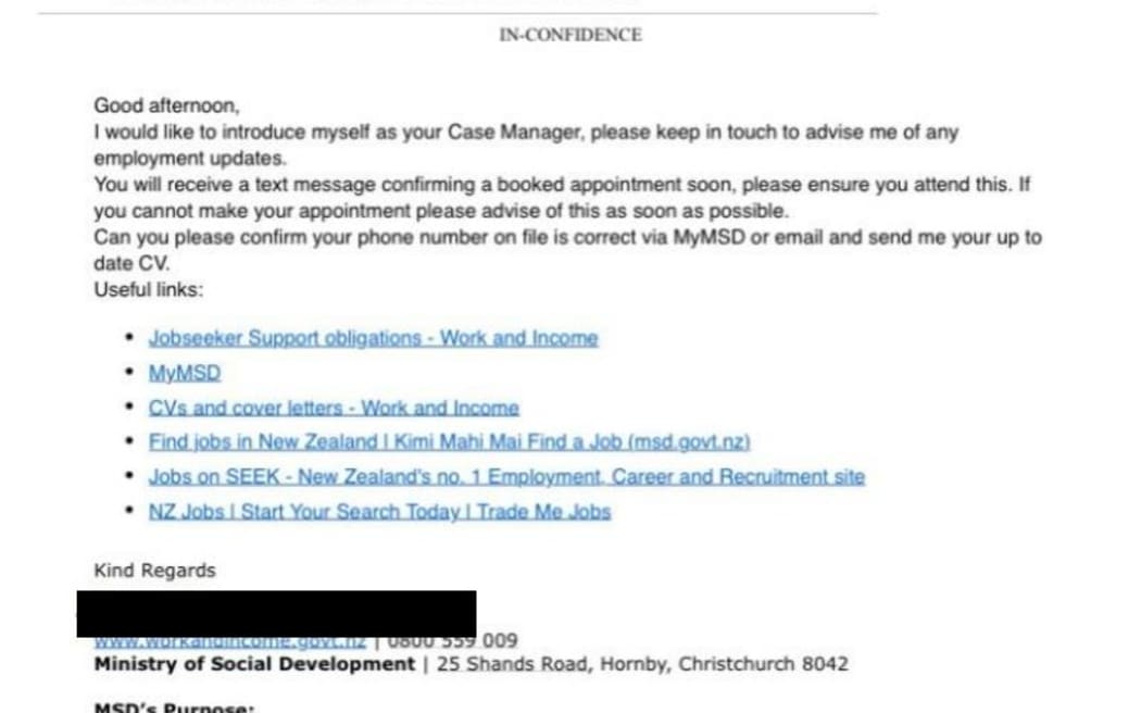 A screenshot of an email telling a person on a benefit to supply an updated CV.