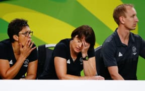 Coach Janine Southby of New Zealand reacts.